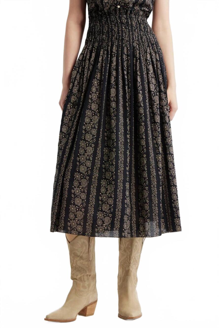 NEW THE GREAT. canary print midi skirt in black/cream